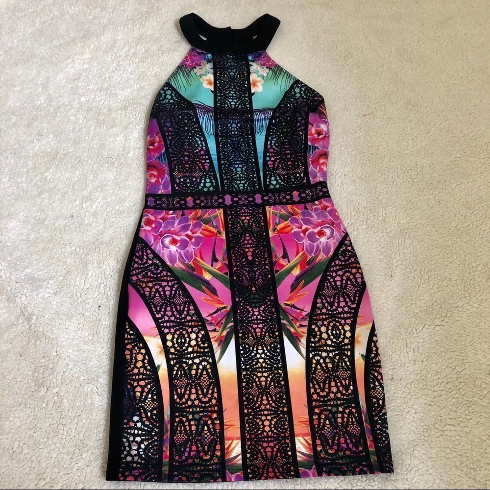 Material Girl Y2K print halter bodycon dress . Size XS